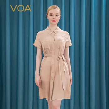 

Voa 19mm Stretch Double Joe Champagne Shirt Collar Shoulder Sleeve Pocket Button Ax747 Vestido Dresses Party Elegant Dress Women