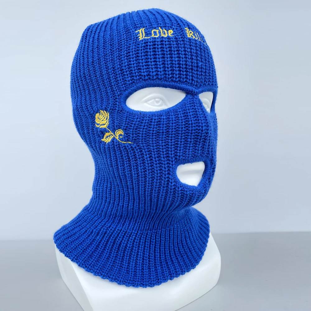 best beanie brands 3-Hole Knitted Rose Flower/Broken Heart Embroidery Face Cover Ski Mask Winter Balaclava Warm Full Face Mask for Outdoor Sports black skully hat