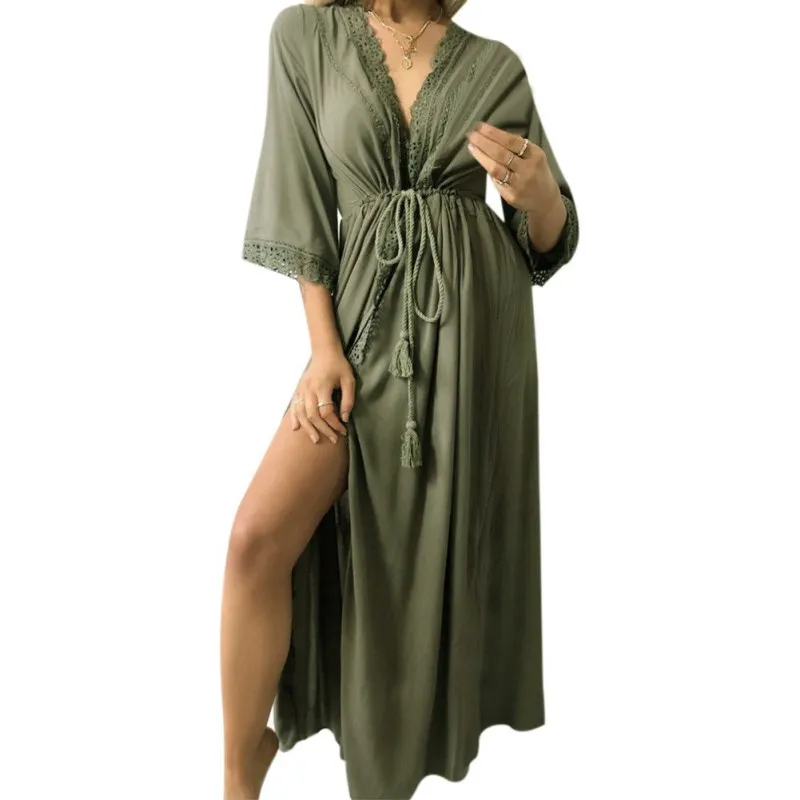 Women Dress Summer  Ladies Lace Patchwork Dresses Sexy Women V Neck Long Sleeve Dress Solid Color Casual Womens Dresses