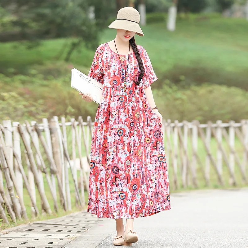 

2019 Summer New Style Cotton Linen Dress Women's National Wind Retro Large Size Dress Printed Loose-Fit Slimming Swinging Skirt