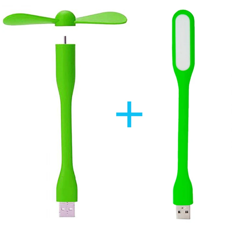 Гибкий переносной USB вентилятор зеленого цвета и светодиодсветильник лампа для
