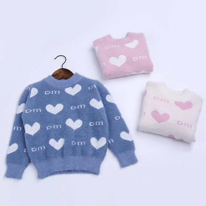 

1904H 2019 Autumn And Winter New Style Children Girls Mink Cashmere Sweater Pullover Heart Baby Girls Children Base