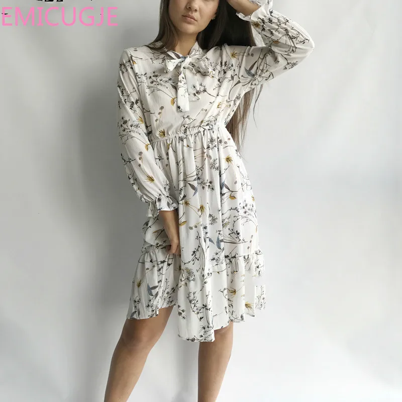 

Chiffon High Elastic Waist Party Dress Bow A-line Women Full Sleeve Flower Print Floral Bohemian Dress Female Vestido Plus Size