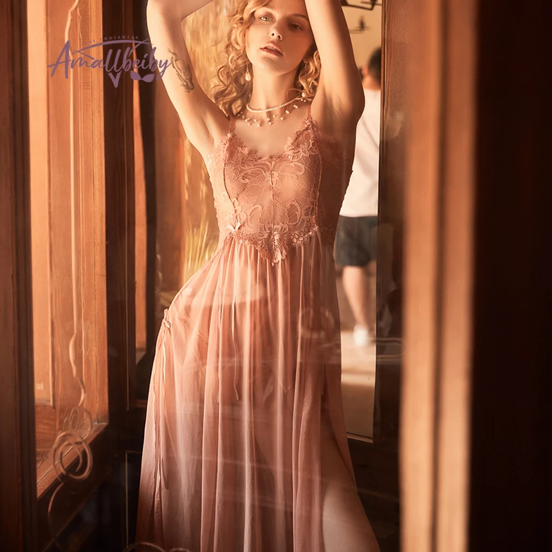 Sexy Women's Sleepwear Mesh Perspective Lace Sling Long Nightdress Thin Homewear Nightwear Sleeveless Nightgown Night Dress