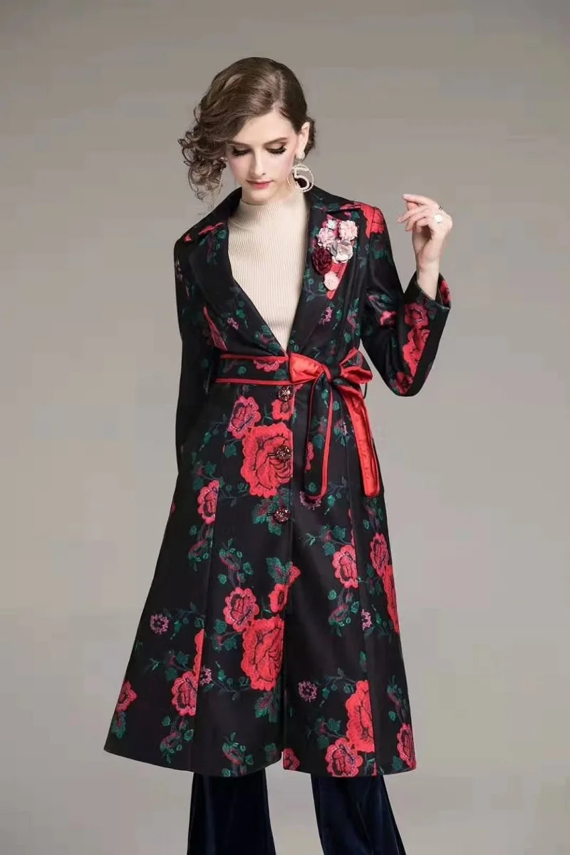 Casacos Feminino Autumn Winter Casual Overcoats Women Vintage Flower Print Single Breasted Long Sleeve Outwear Coat Female