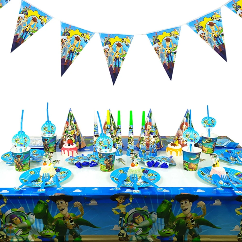 Toy. story-suministros con temática de cumpleaños, Juego de vasos para fiesta, platos, cubiertos, mantel de paja, servilleta para fiesta, decoración de bandera