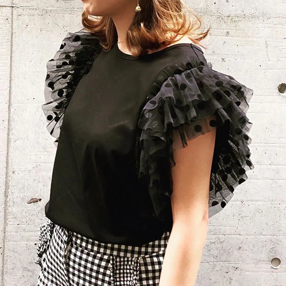 

T-Shirt Sweet Korean Design Mesh Short Sleeve Ruffle Top Tee Fashion Japanese Women Clothes Streetwear Office Summer Tshirts