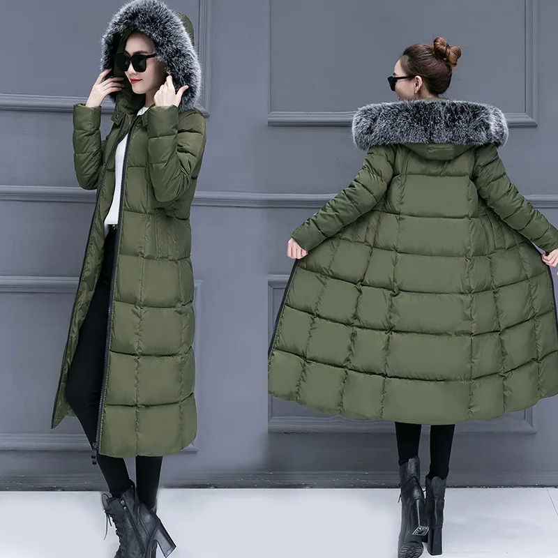 

Winter Korean-style X-long WOMEN'S Cotton-padded Clothing over-the-Knee Large Fur Collar Large Size down Jacket Cotton-padded Cl