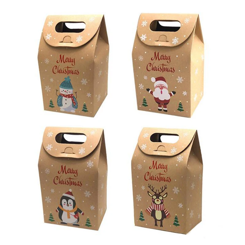 5pcs Merry Christmas Kraft Paper Box Candy Gift Boxes Bag Food Packaging Box Party Favor Xmas New Year Navidad Decoration