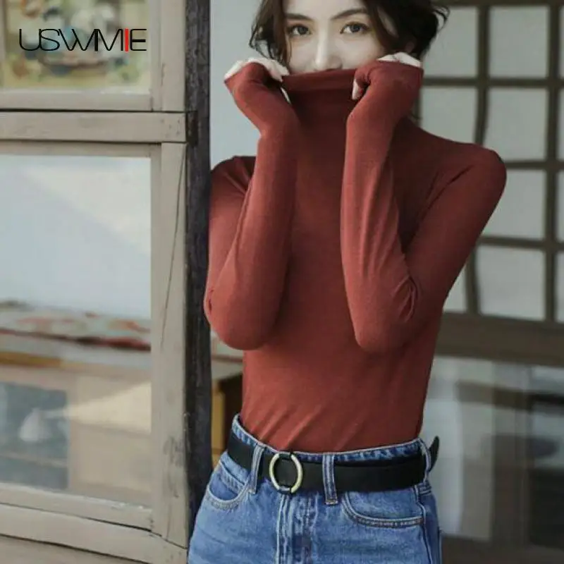 USWMIE Thermal Underwear High Collar Long Sleeved Comfort Bamboo Cotton Bottom Slim Elegant Big Elastic Skin-friendly Women Tops |