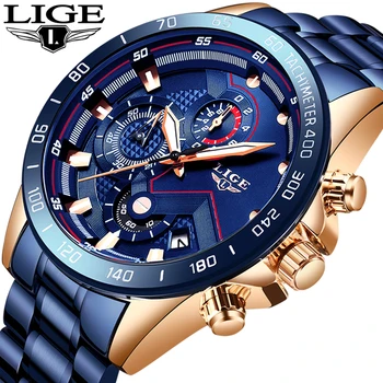 

LIGE Men Watch Top Luxury Brand Blue All Steel Wrist Watch Chronograph Army Military Waterproof Quartz Watches Relogio Masculino