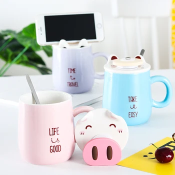 

Coffee cup cute cute girl heart cartoon pig Mug female student breakfast cup ceramic spoon with lid