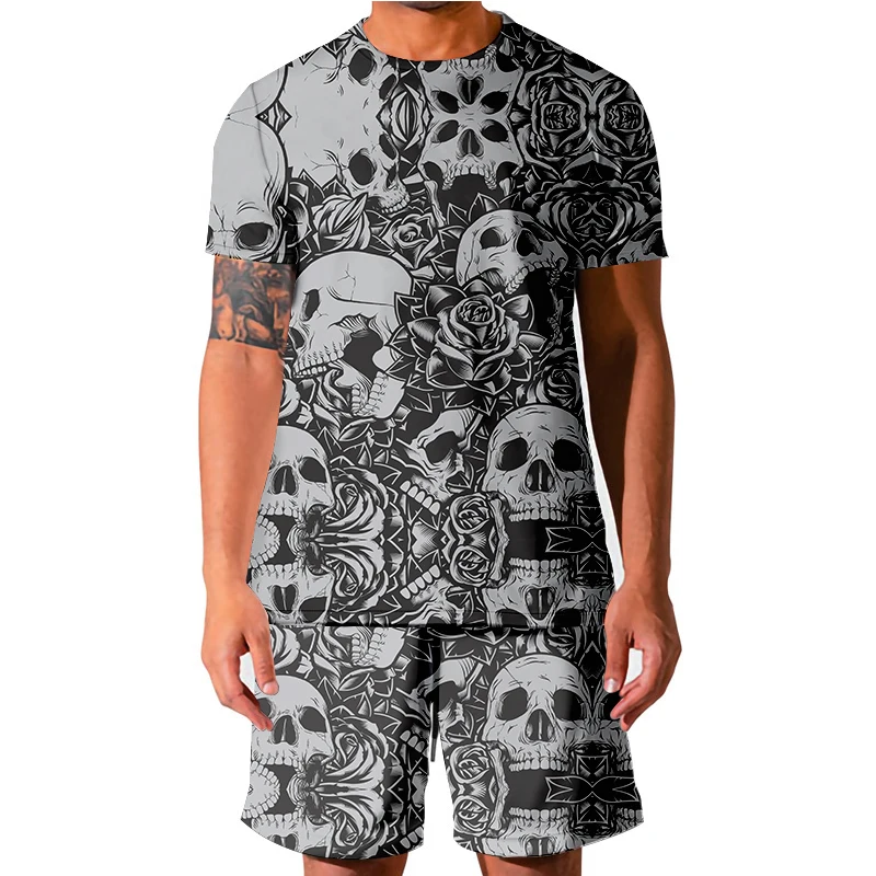 3D Full Printing Casual Set Men Cool Print Horror Skeleton SKULL T Shirt Man Hiphop Streetwear Tops Two Piece Harajuku Wholesale