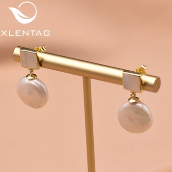 

XlentAg 925 Sterling Silver Square Drop Earrings Mosaic Shell Natural Baroque Pearl Wedding Earrings For Women Jewelry GE0785