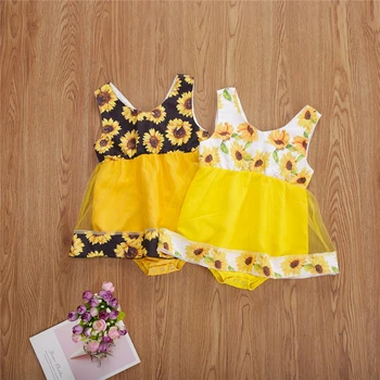 

2020 Fashion Toddler Baby Kid Girl Romper Dress Sleeveless Sunflower Holiday Princess Tutu Lace Ruffle Dress Outfits