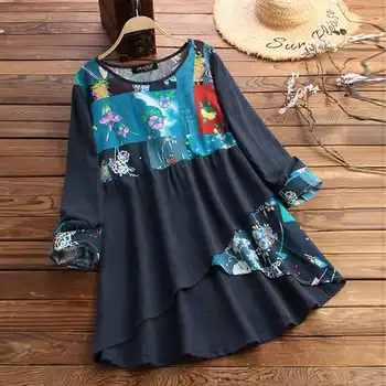 

ZANZEA Women Spring Long Sleeve Patchwork Blouse Bohemian Floral Printed Shirt Vintage Ruffles Hem Blusas Cotton Linen Tunic Top