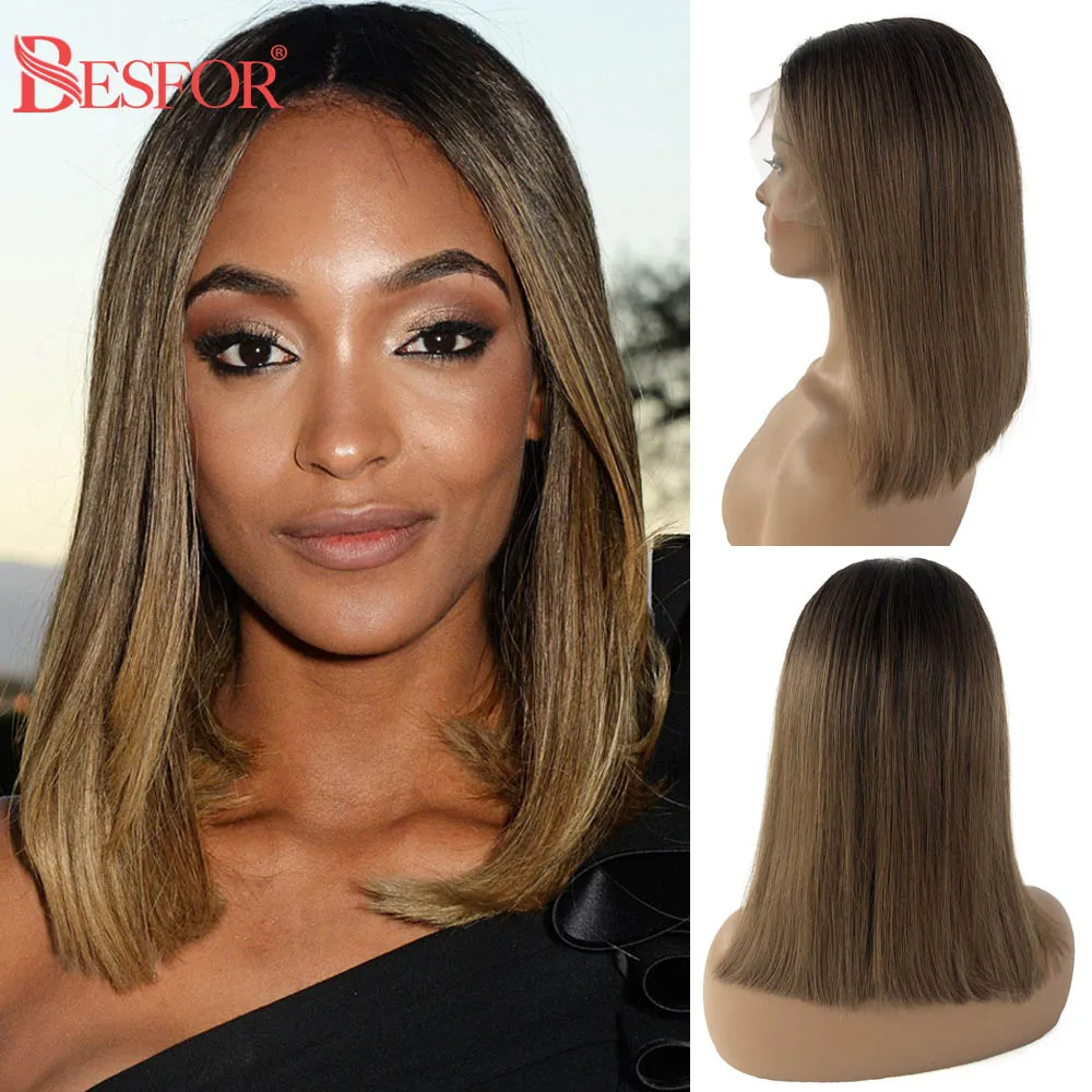 Wigs Human-Hair Lace-Front Short Bob Free-Part Ombre Brown 13x6 Thick 180%Straight 
