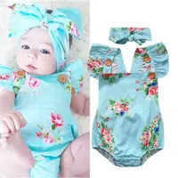 Newborn Baby Girls Floral One-pieces Romper Sunsuit Headband Clothes Set 0-24M - Image 2