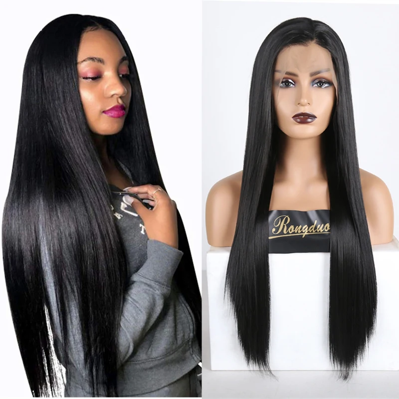 

RONGDUOYI 13X6 Black Wigs Long Silky Straight Hair Synthetic Lace Front Wig Heat Resistant Side Part Glueless Wigs For Women