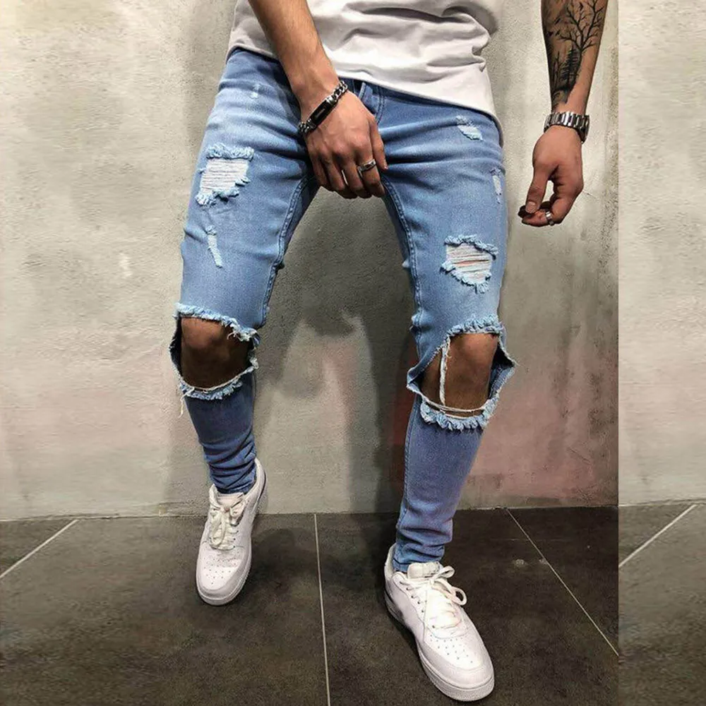 

Mens Skinny Stretch Denim Broek Verontruste Ripped Freyed Slim Fit Jeans Broek Joggingbroek Casual Lange Streetwear