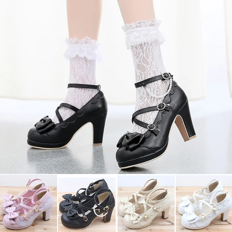 Womens Candy Bowtie Cute chunky heels Lolita Wedding Slip On  Round Toe Shoes 