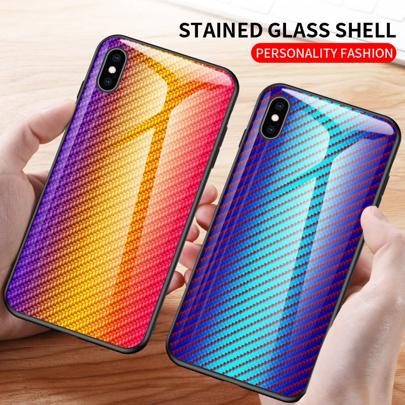 

For iPhone 11 11 Pro Case Cover Carbon Fiber Gradient Tempered Glass Soft Silicon Back Cover for iPhone 11 Pro Case Max 2019 New