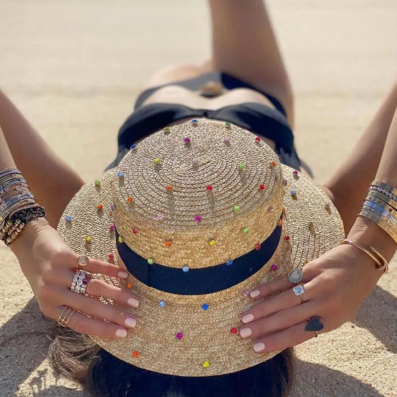 Natural wheat straw handmade diamond sewing decoration jazz straw hat outdoor travel beach hat beach hat women sun hat