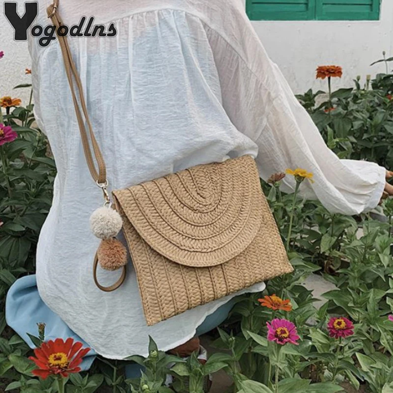 Bolso de paja con colgante para mujer, cartera de mano de mimbre con colgantes de bolas pelo, cruzado, informal, perfecto para viajes de playa| | AliExpress