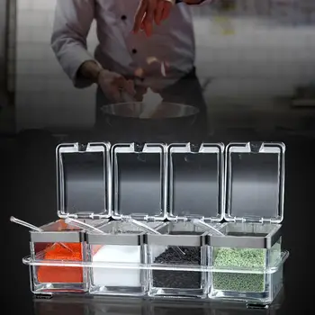 

4PCS Acrylic Seasoning Tank With Stainless Steel Edge Storage Rack Kitchen Seasoning Independent Storage Tank
