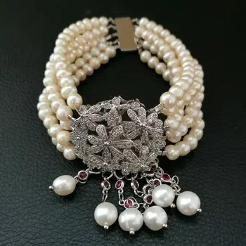 

M011914 8" 5 Strands White Pearl Bracelet Cz clasp