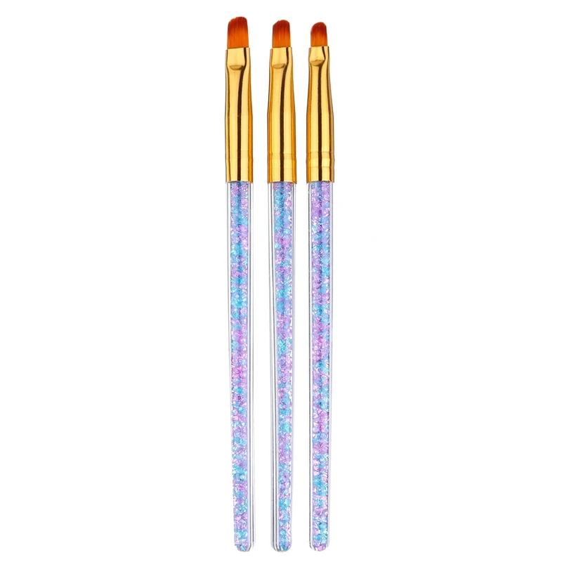 Monja 3Pcs Nail Art Violet Rhinestone Handle Acrylic Uv Gel Extension Builder Brush Flower Painting Drawing Pen Manicure Tools
