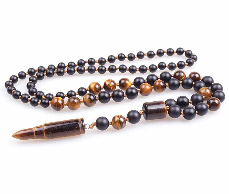 

Natural 8MM and 6MM Stone Bead & Tiger Eye Bullet Pendant Tribal Necklace For Men