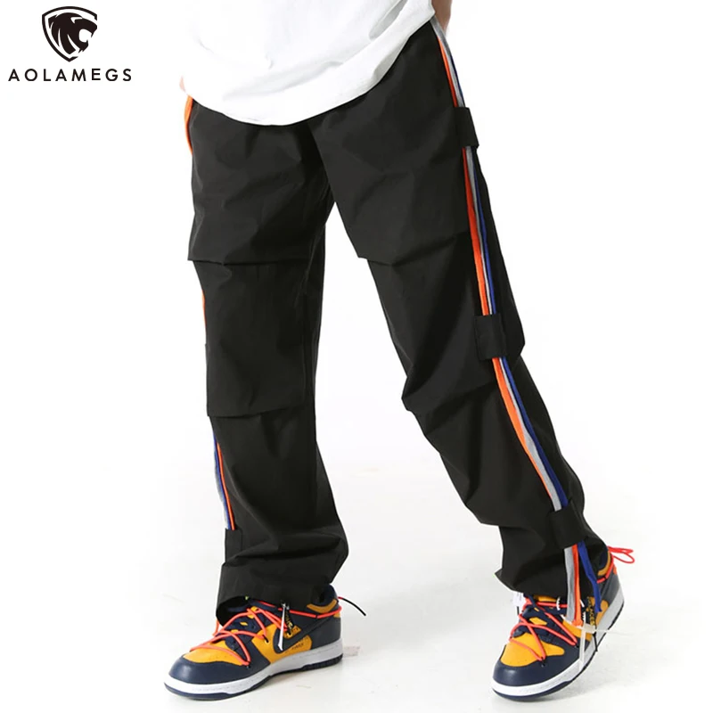 

Aolamegs Men Pants Pleated Side Ribbons Sweatpants Elastic Waist Trousers Retro Simple High Street Style Hipster Male Streetwear