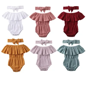 

2020 Hot Summer Newborn Infant Kids Baby Girls Rompers Clothes Princess Ruffle Solid Toddler Baby Jumpsuit+Headband 2Pcs Outfits