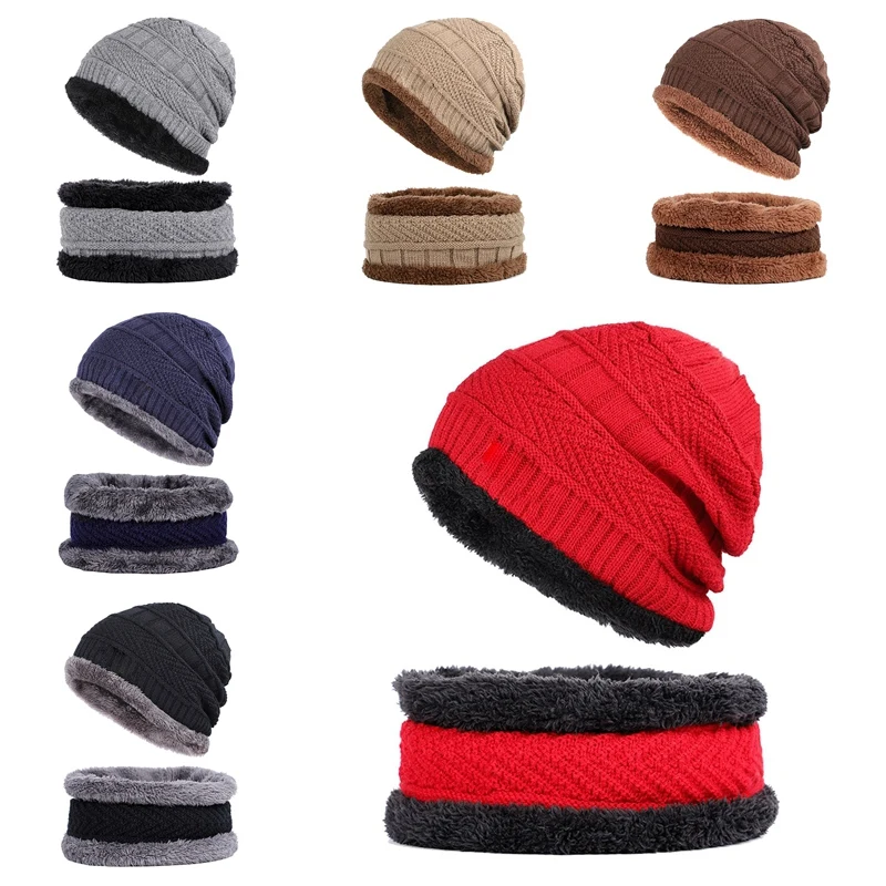 Зимний комплект из 2 предметов, утепленная шапка, мягкая шапка, вязаная шапка, мешковатый шарф, Теплая мужская верхняя одежда, наборы шарф шапка