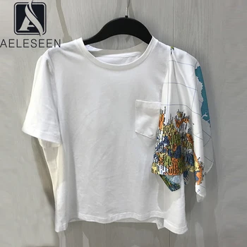 

AELESEEN Runway Fashion Summer T-Shirts 2020 Casual Loose Style Letter Print Scarves Patchwork Cotton Word Map Print T-Shirts