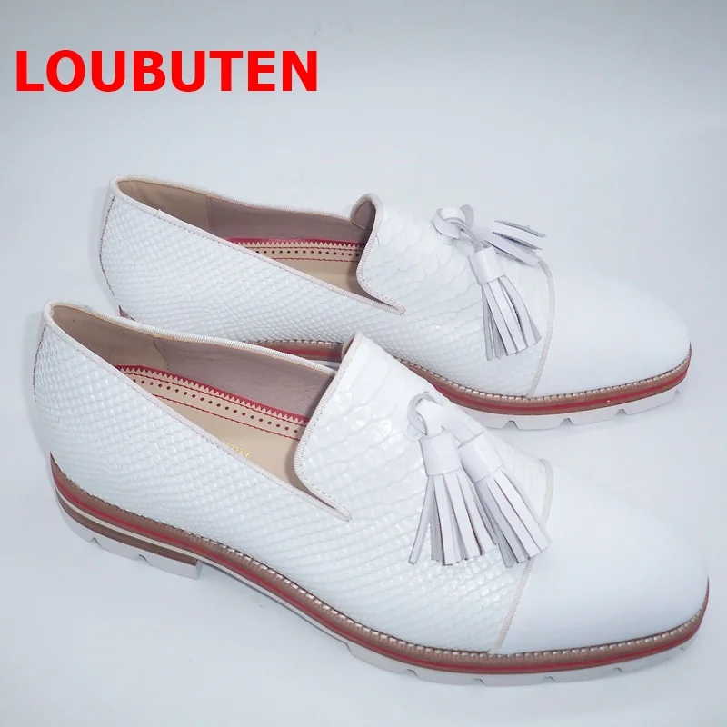 

LOUBUTEN New Fashion White Genuine Leather Shoes Men Tassel Loafers Slip On Snakeskin Pattern Dress Shoes Casual SHoes For Men
