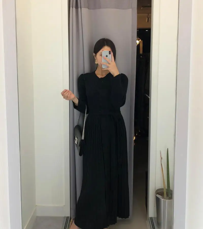 Korean Series Fairy Versatile Slimming Single Breasted Lace-up Pleated Skirt Pendulum Dress Knitted Long Skirts Women's