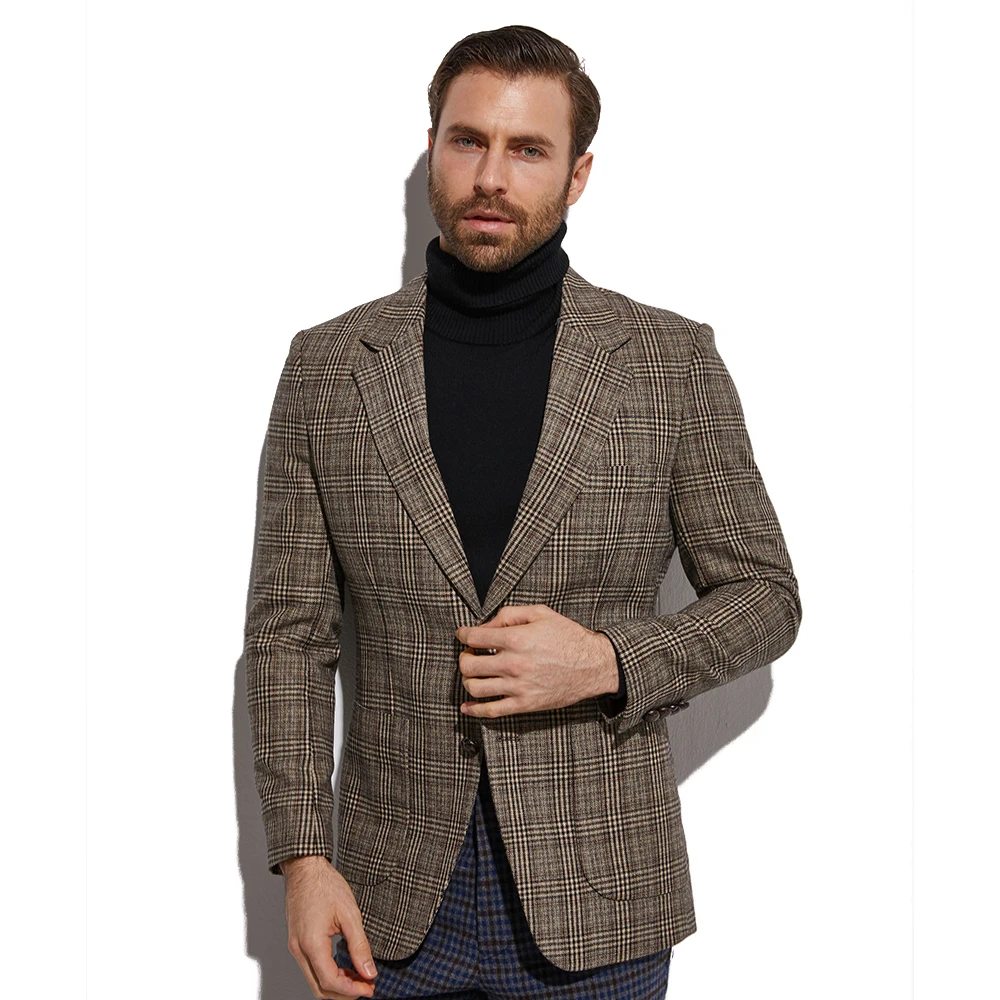 Vintage Tweed Jacket Fashion Design Grey Plaid Blazer Custom Made  Warm Wool Blend Tailored Slim Fashion Brown Gray Plaid Blazer