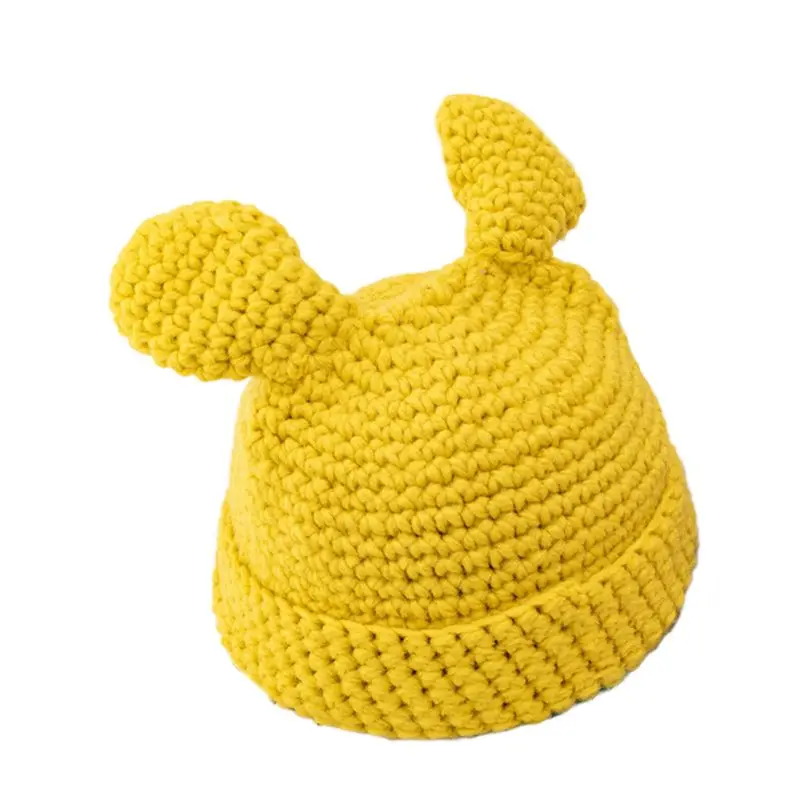 Women Girls Chunky Crochet Knit Beanie Cap Solid Color 3D Rabbit Ears Bonnet Hat - Цвет: Цвет: желтый