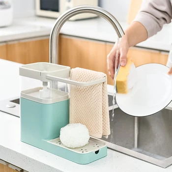 

3 IN 1 Soap Liquid Dispenser With Sponge Holder Drain Pump Dispenser Dish Towel Hanger Hand Press Soap Organizer Kitchen Storage