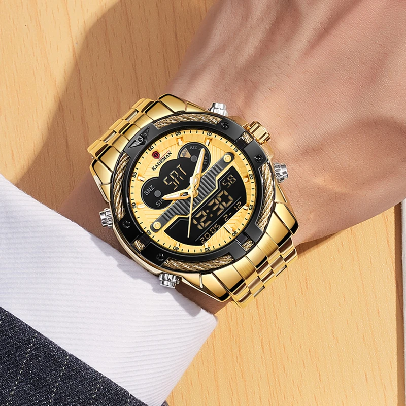 KADEMAN Gold Watch Men Dual Display Wristwathes Stainless Steel Digital Quartz Sport Men's Watches 2021 Luxury Brand Waterproof