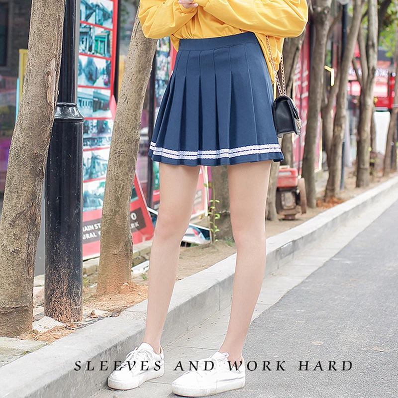 Women Skirt High Waist A-Line Women Skirt Striped Stitching Sailor Pleated Skirts Elastic Waist Sweet students Girl Dance Skirts
