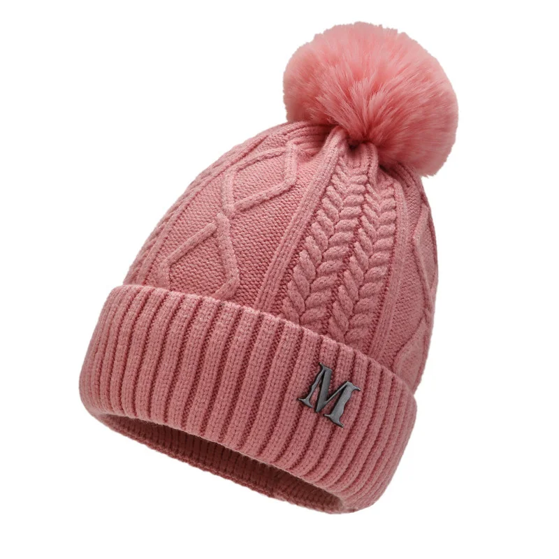 Pink Новая вязанная шапка, модная женская одноцветная Милая шапка с меховым шариком, ветрозащитная шерстяная шапка для отдыха, теплая шапка s TG0145 - Цвет: Pink