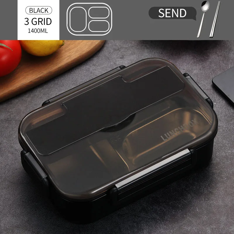 1400ml 3 Grid Black WORTHBUY японский детский Ланч-бокс из нержавеющей стали 304, Ланч-бокс с отсеком, посуда, контейнер для микроволновой печи - Цвет: 1400ml 3 Grid Black