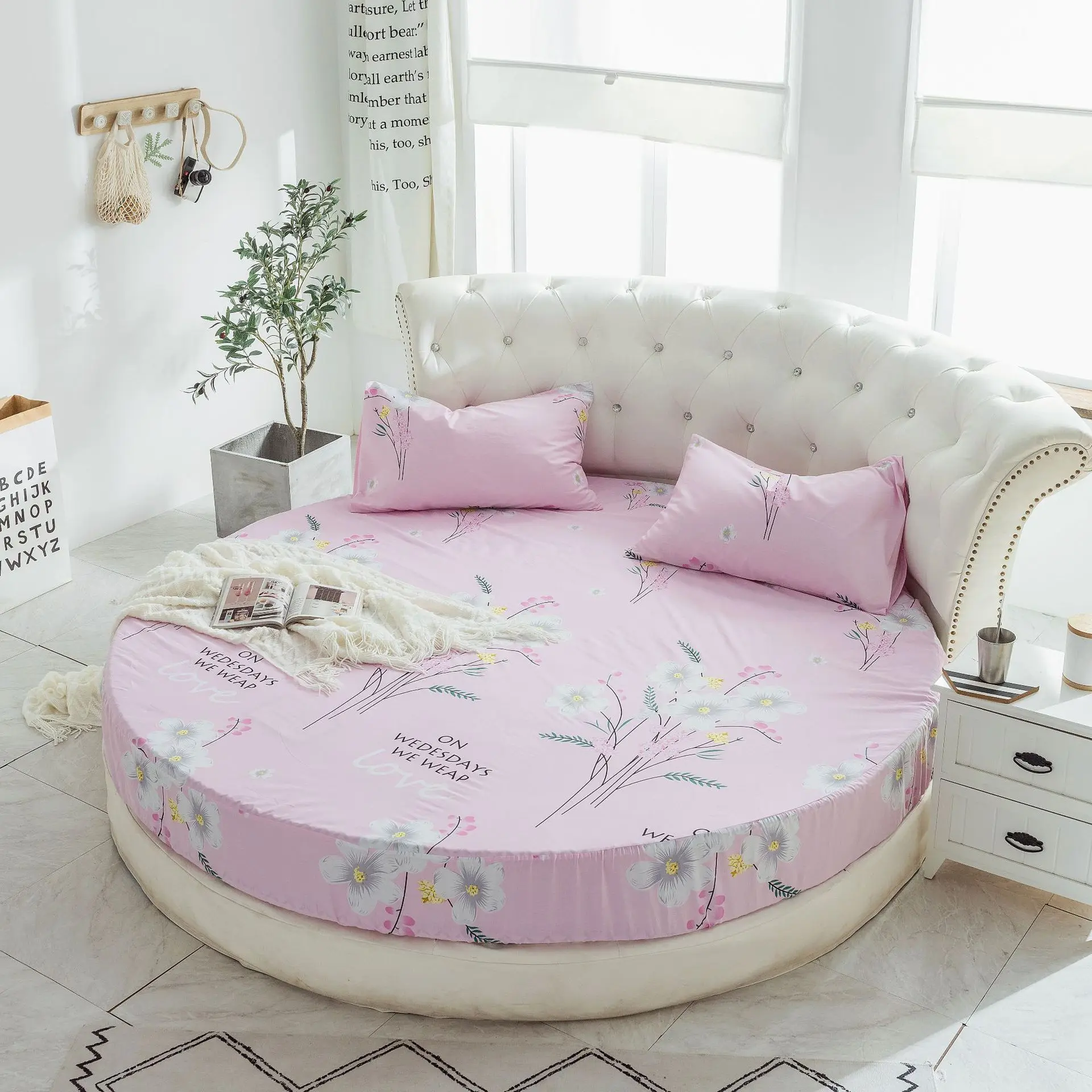 Printing Round Mattress cover 100%cotton Bed sheet fitted sheet with Elastic Themed Hotel Motel Home textiles no pillowcases 5