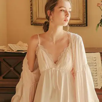 

Ladies Autumn Sexy Suspender Sleepwear Elegant Casual Home Service V-neck Nightdress + Long-sleeved Lace Sleep Robe Two-piece