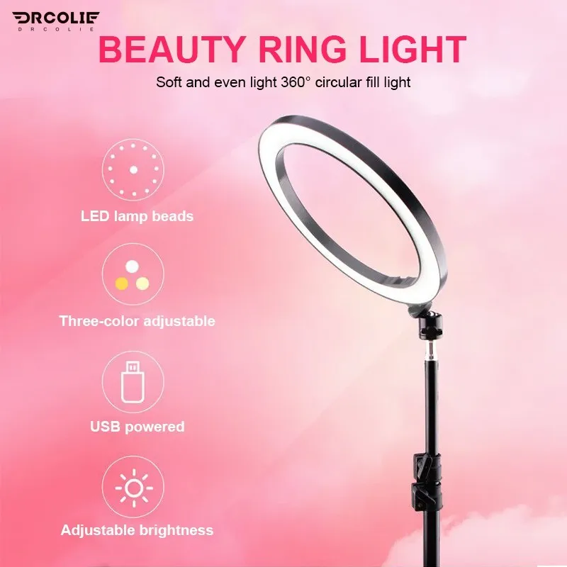 

DROCLIE 16/26cm Dimmable Ring Light Makeup Selfie Led Fill Light Photography Lamp For YouTuber Video With Phone Holder Tripod