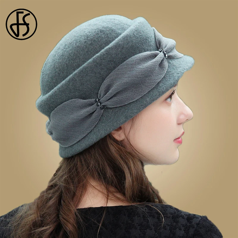 FS Vintage Pink Women Wool Cloche Round Cap Elegant Winter Fedora Bucket Beige Wine Red Bowler Hat Fashion Girl Warm Caps