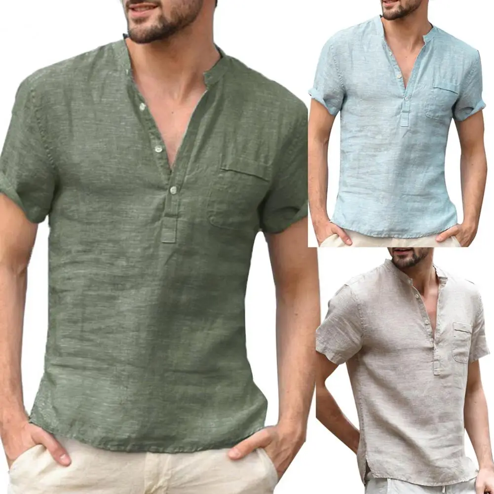 Summer Men Shirts Button V Neck Patch Pocket Linen Top Short Sleeve Shirt Summer Men's Clothing футболка XXXL